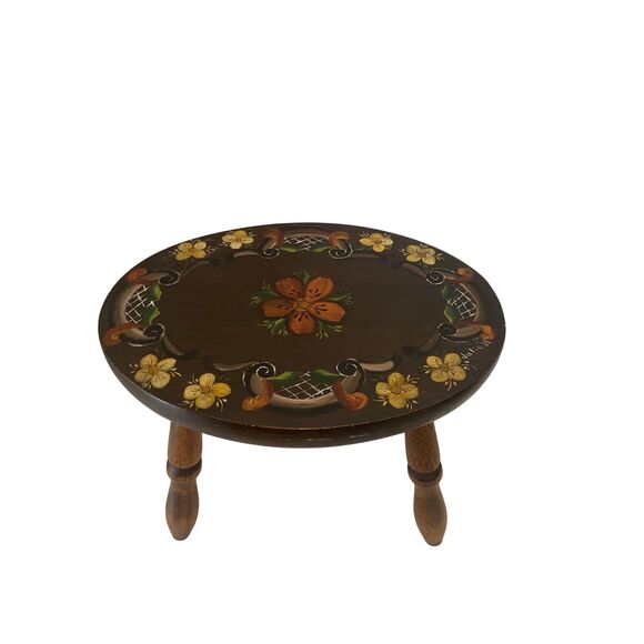 VTG 1979 Signed Hand Painted Wooden Stool Plant Stand Black w/ Flowers - Picture 1 of 10